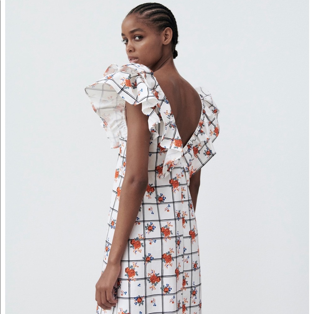 Zara White Black Floral Lattice Ruffle Sleeve Dress - NEW - S 4770451064 - Picture 7 of 8